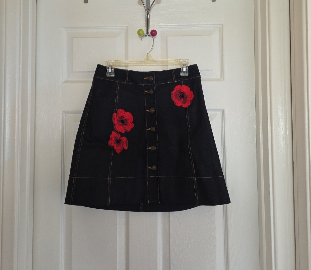 Kate Spade Blue Denim A-Line Skirt with Red Floral Accents
